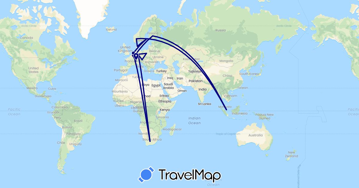 TravelMap itinerary: driving in Austria, Belgium, Switzerland, Germany, Denmark, Finland, Luxembourg, Netherlands, Norway, Poland, Sweden, Singapore, South Africa (Africa, Asia, Europe)